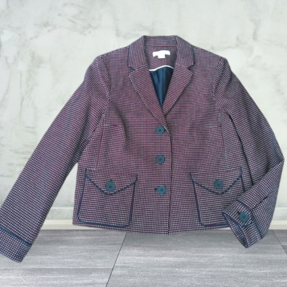 Coldwater Creek birdseye print navy/ red cropped tailored career blazer. sz 14 - Picture 1 of 8